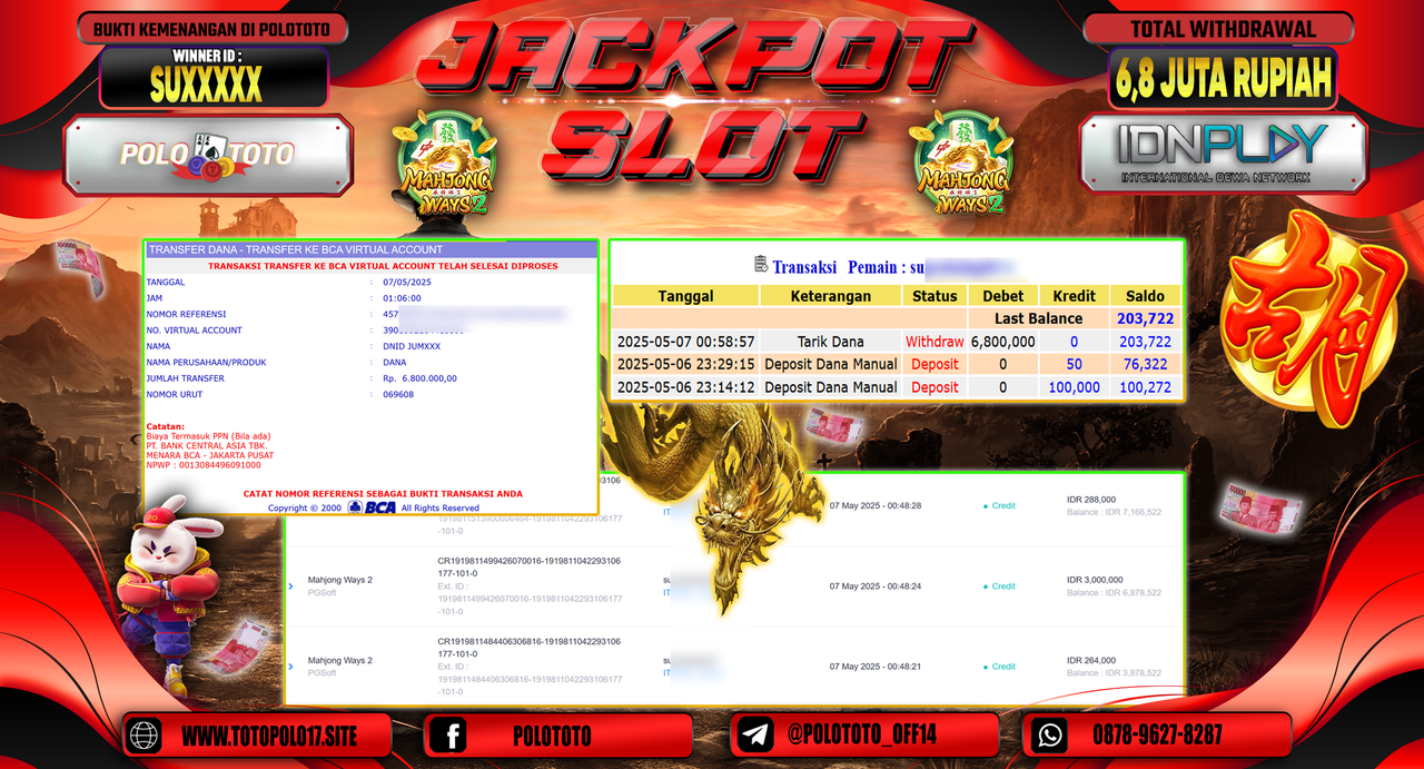 POLOTOTO JACKPOT SLOT MAHJONG WAYS Rp.6.800.000,-