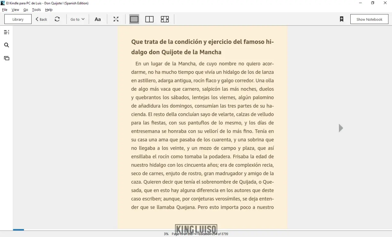 Muestra de una página del libro «Don Quijote I» con la célebre línea: 'En un lugar de la mancha...'