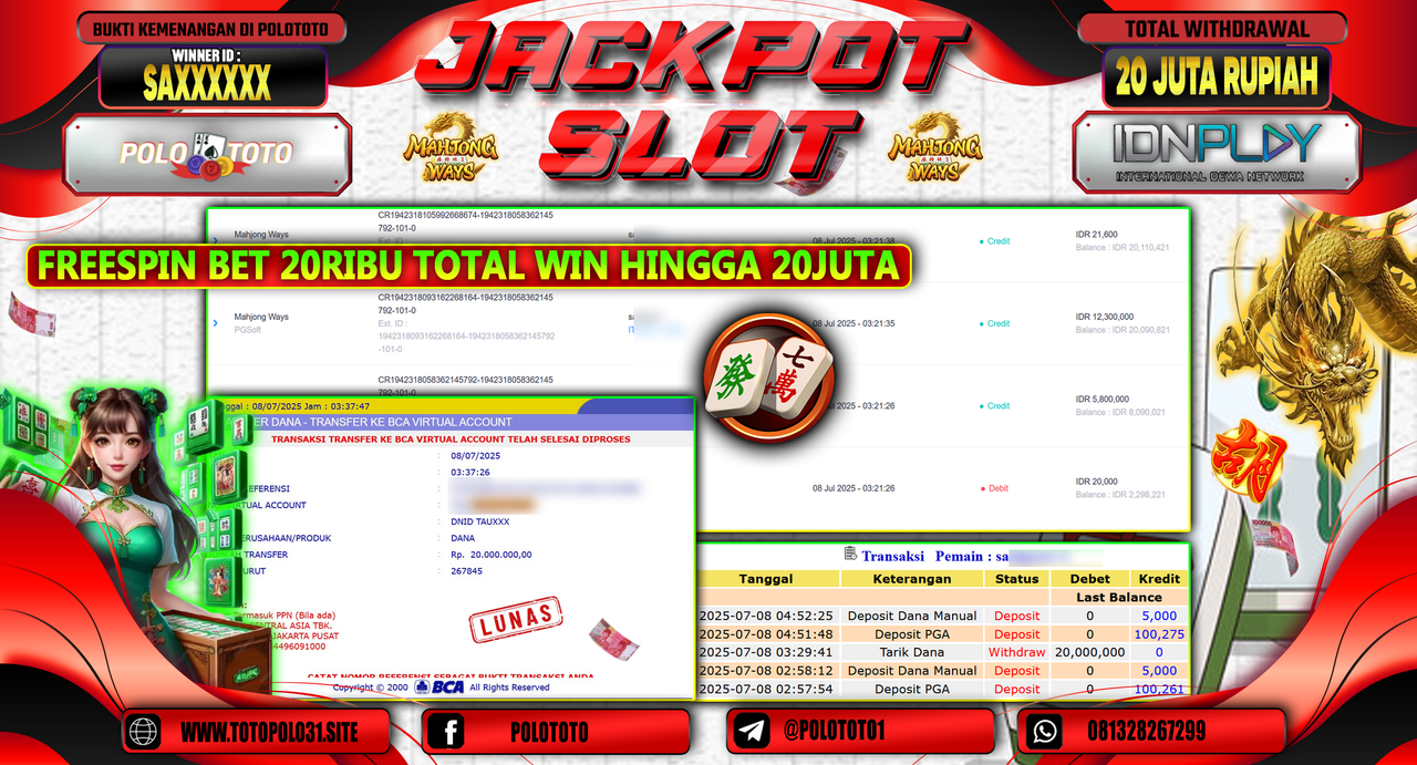 POLOTOTO JACKPOT SLOT MAHJONG WAYS Rp.20.000.000,-