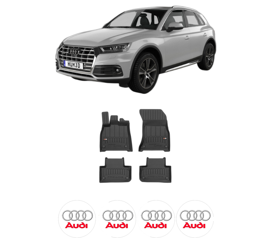 Set covorase presuri AUDI Q5 (FYB, FYG) din 2016-2021, auto, din cauciuc thermoplastic, 4 Stickere auto cu AUDI
