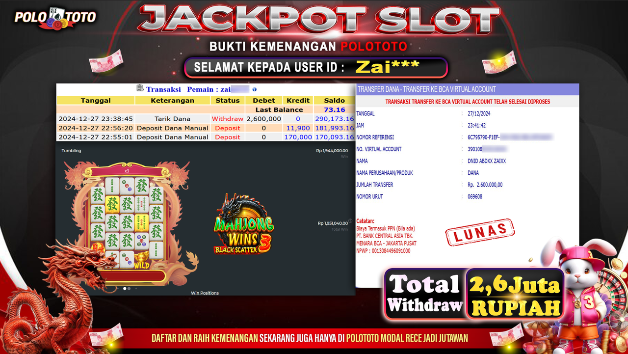 POLOTOTO JACKPOT SLOT MAHJONG WINS BLACK SCATTER 3 Rp.2,600.000,-