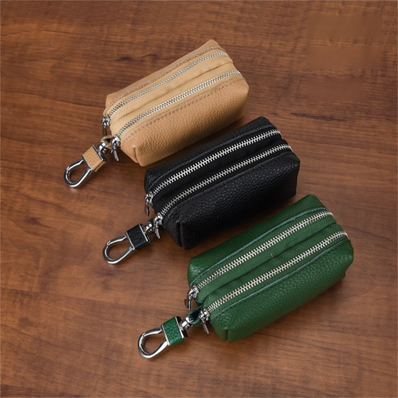 Green High-Quality Genuine Leather Key Case – Double-Layer Zippered Organizer for Keys, Cards & Coins