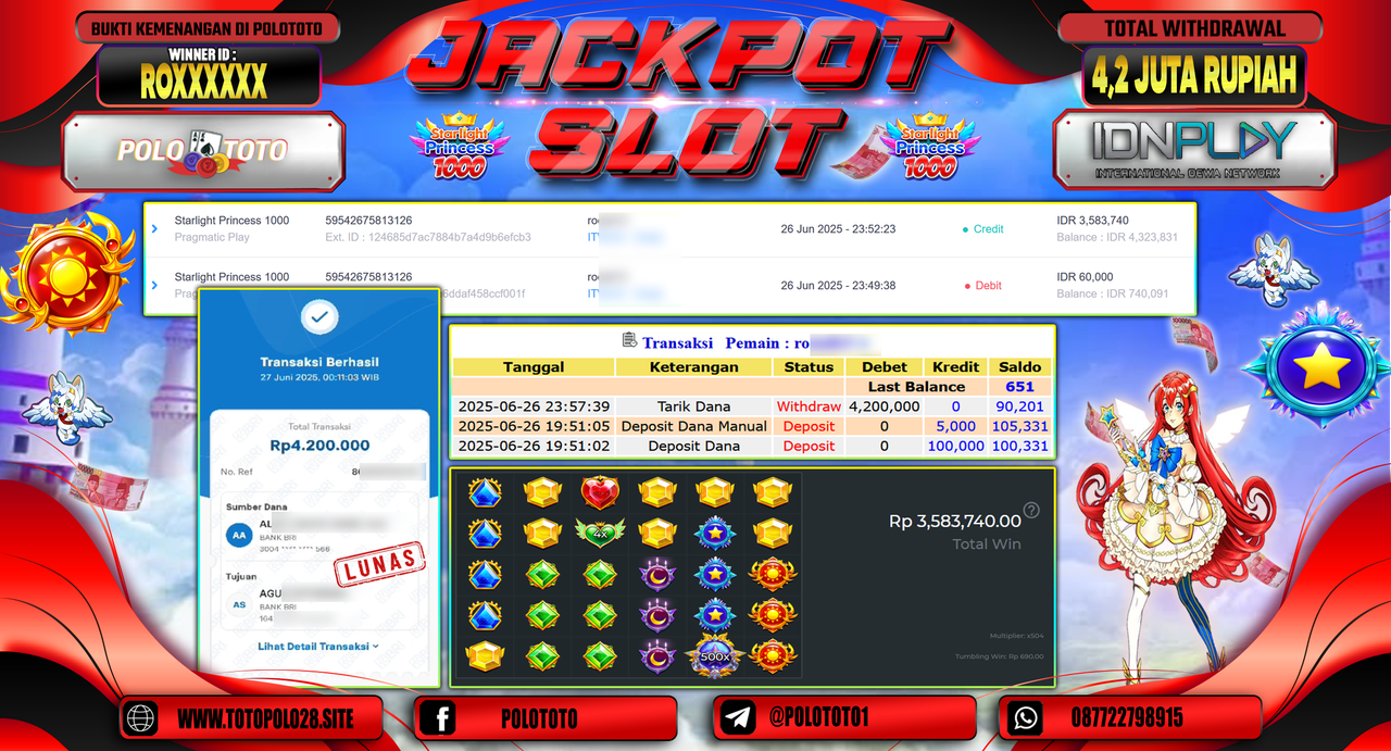 POLOTOTO JACKPOT SLOT STARLIGHT PRINCESS 1000 Rp.4.200.000,-