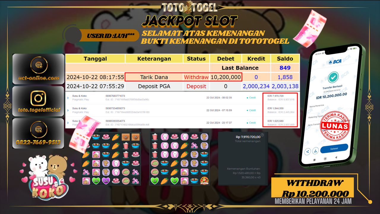 Bukti Pembayaran Permainan Jackpot Slot Susu & Koko Dengan ID : LUH*** LUNAS