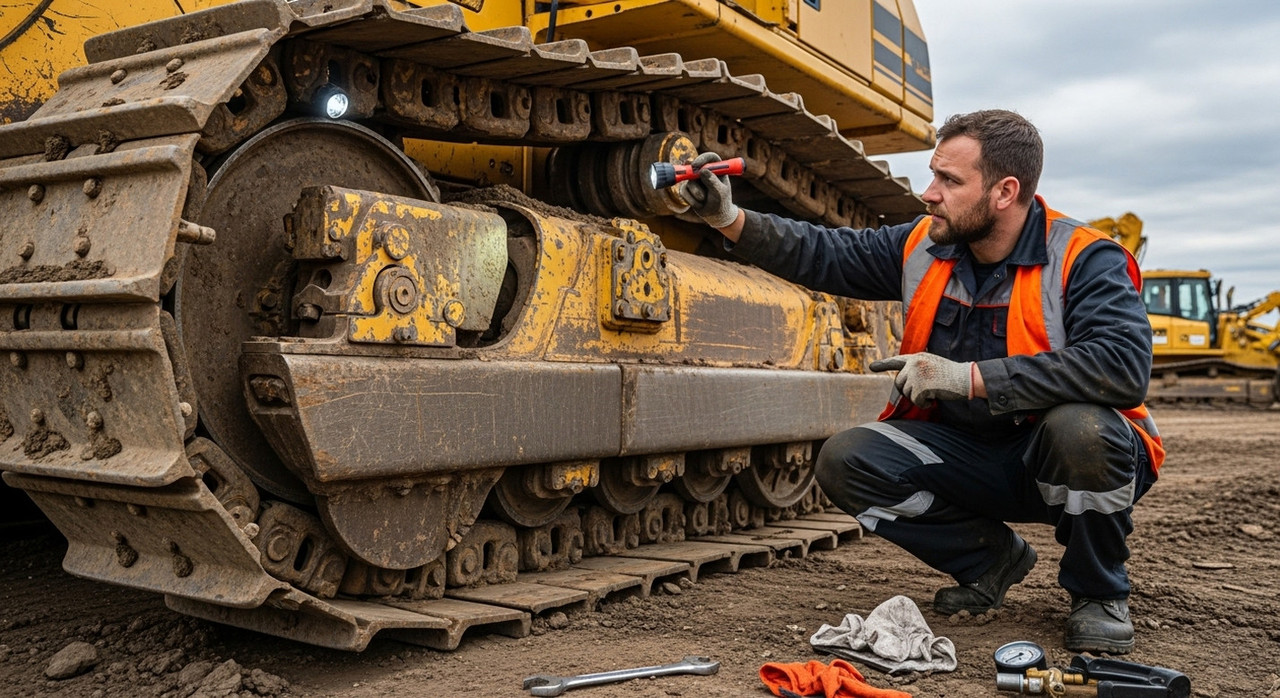 Мастер проверяет ходовую часть гусеничной спецтехники