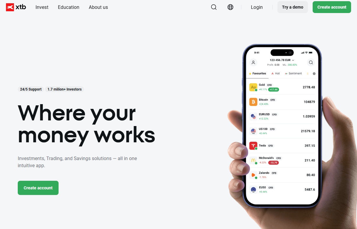 XTB broker app Netherlands with forex and CFD trading instruments.