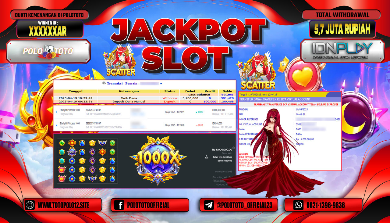 POLOTOTO JACKPOT SLOT STARLIGHT PRINCESS 1000 Rp.5.700.000,-