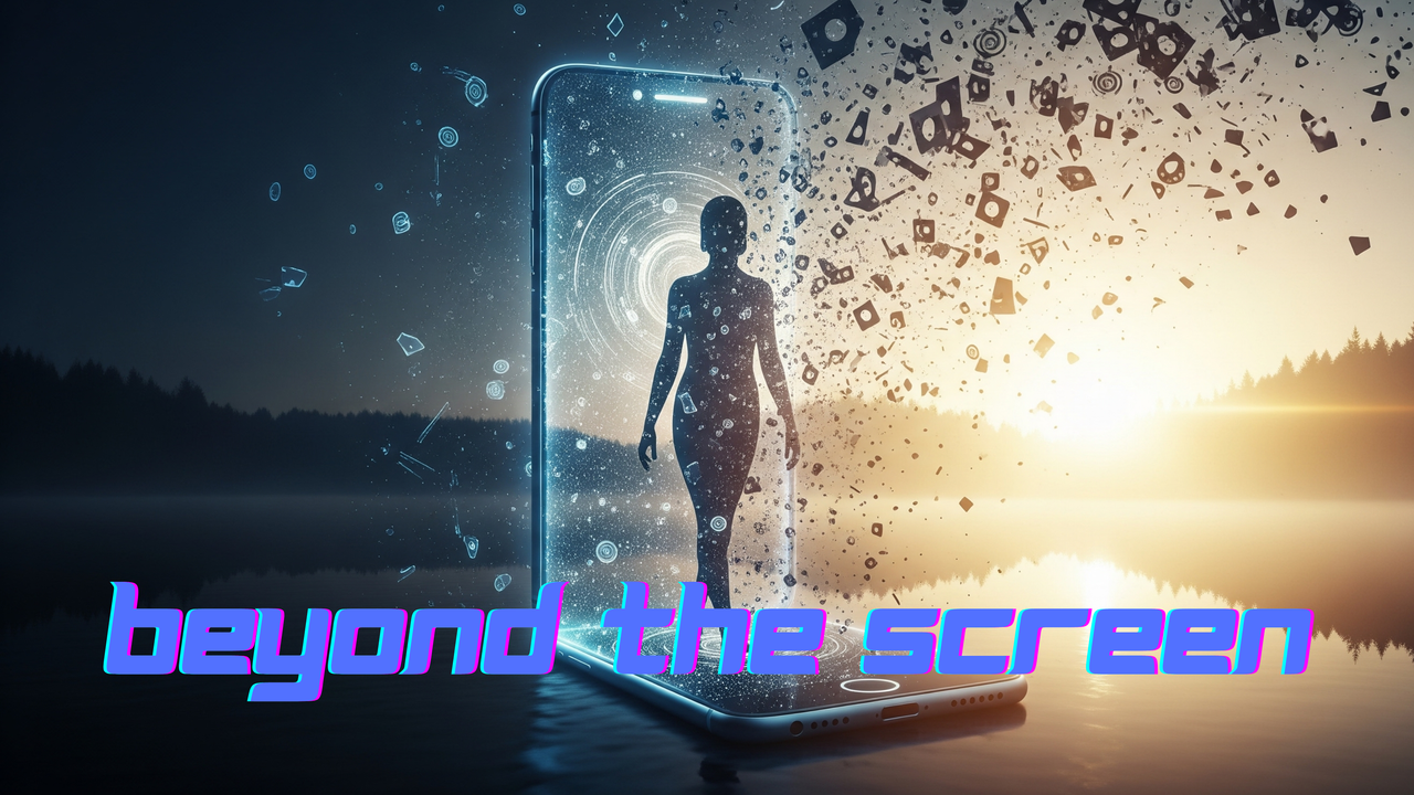 A silhouette steps away from a glowing, fragmented smartphone screen towards a serene natural landscape, symbolizing a digital detox and mental freedom from problematic online content.