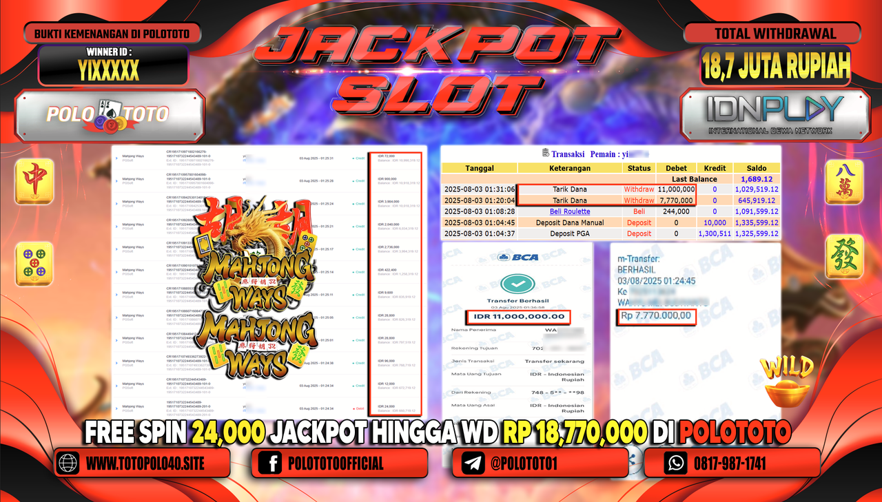 POLOTOTO JACKPOT SLOT MAHJONG WAYS Rp.18.700.000,-LUNAS
