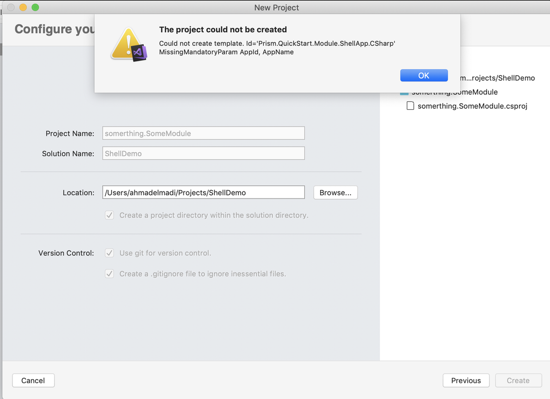 Getting an error when selecting Prism Forms Module + Shell App from VS