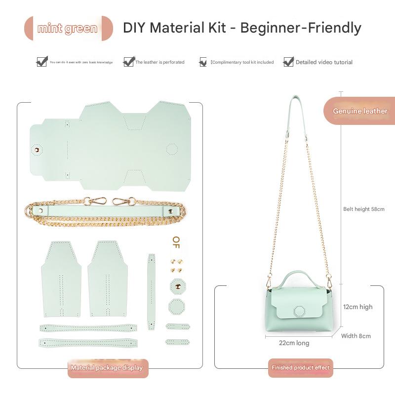 Mint green Leather Bag DIY Kit – Geometric Shoulder Bag Making Material Set with Pre-Punched Cowhide, Tools for Hand Stitching