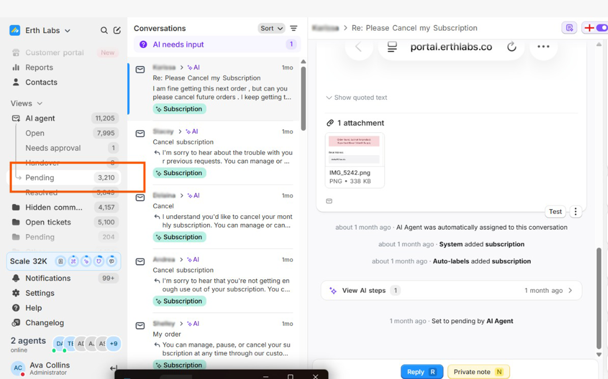 Ticket dashboard showing 11,205 pending tickets cleared for Erth Labs