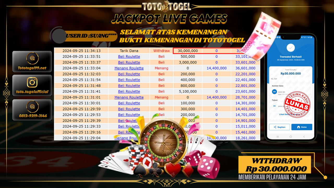 Bukti Kemenangan Permainan LIVE GAME Dengan ID : SUANG*** Terbayar Lunas!!
