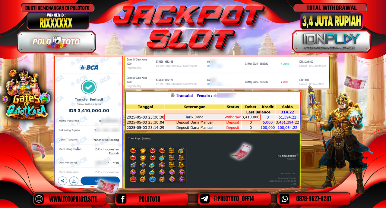 POLOTOTO JACKPOT SLOT GATES OF GATOT KACA Rp.3.410.000,-