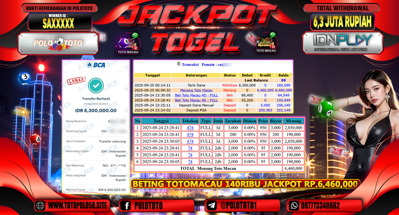 POLOTOTO JACKPOT TOGEL TOTO MACAU Rp.6.300.000,- LUNAS