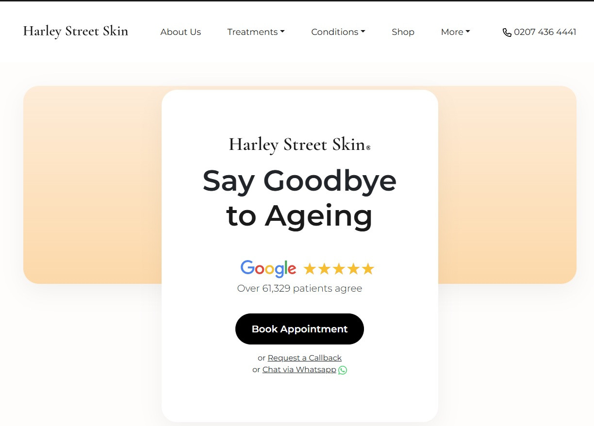 Harley street skin clinic banner with anti ageing message and reviews.
