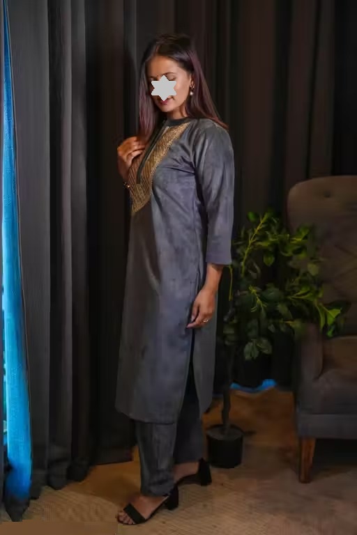 Women's Woolen Velvet Kurta and Pant Set | Winter Wear | Warm Velvet Ethnic Outfit | V-Neck Embroidery Lace Work Design | Grey Color Color 4 (KS129)