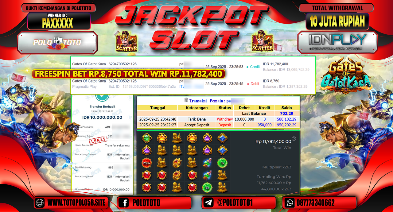 POLOTOTO JACKPOT SLOT GATES OF GATOT KACA Rp.10.000.000,- LUNAS