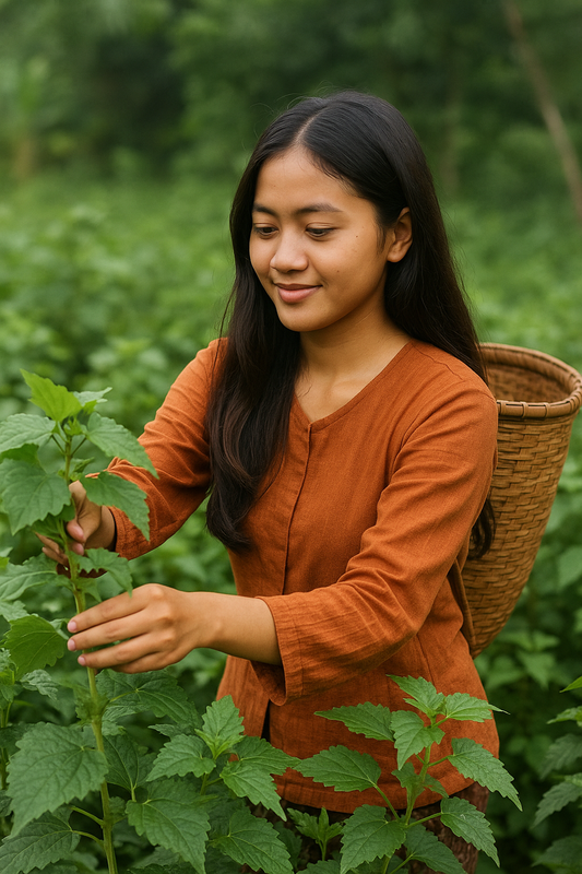 Wanita desa Indonesia sedang memanen daun nilam