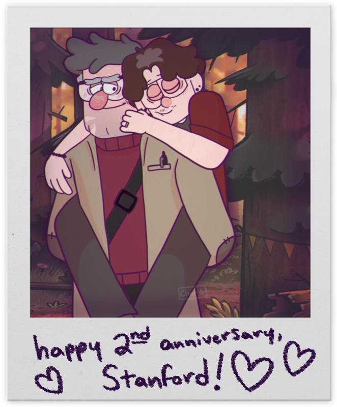 A digital drawing of Stanford Pines from Gravity Falls and the Webmaster's self-insert, in a polaroid frame. Stanford is giving Charlie a piggy-back ride, and looks at Charlie with a tender expression as Charlie's head rests on his shoulder. Text on the frame reads: Happy second anniversary, Stanford!