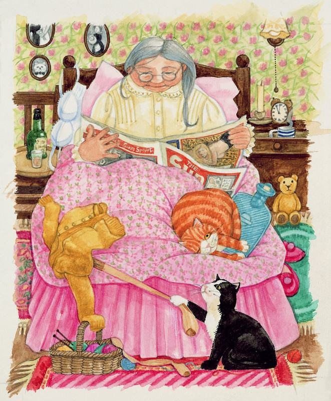 2-Linda-Benton-Grandma-and-2-cats-and-a-pink-bed-wc-on-paper-Meister-Drucke-593515