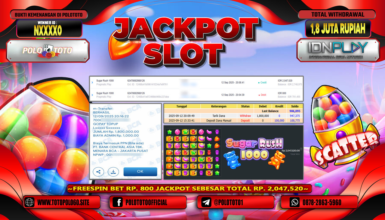 POLOTOTO JACKPOT SLOT SUGAR RUSH 1000 Rp.1.800.000,-LUNAS