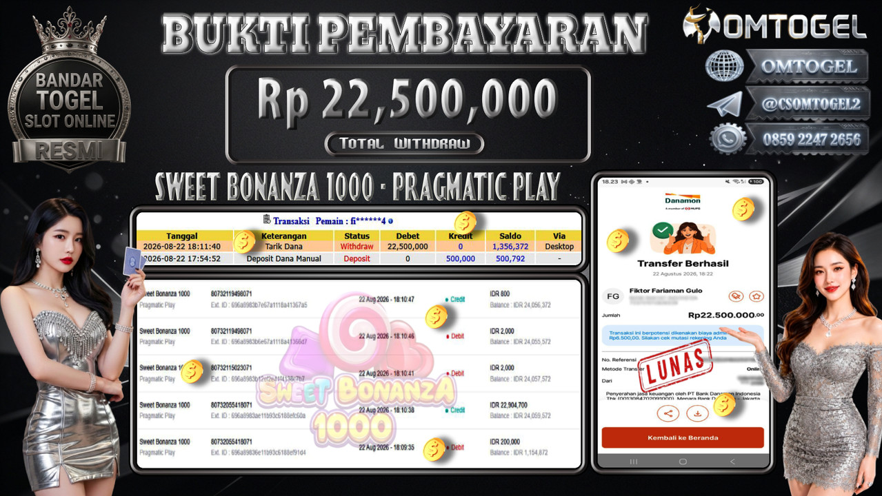 OMTOGEL JACKPOT PRAGMATIC PLAY SWEET BONANZA 1000 Rp,22,500,000,- DIBAYAR LUNAS