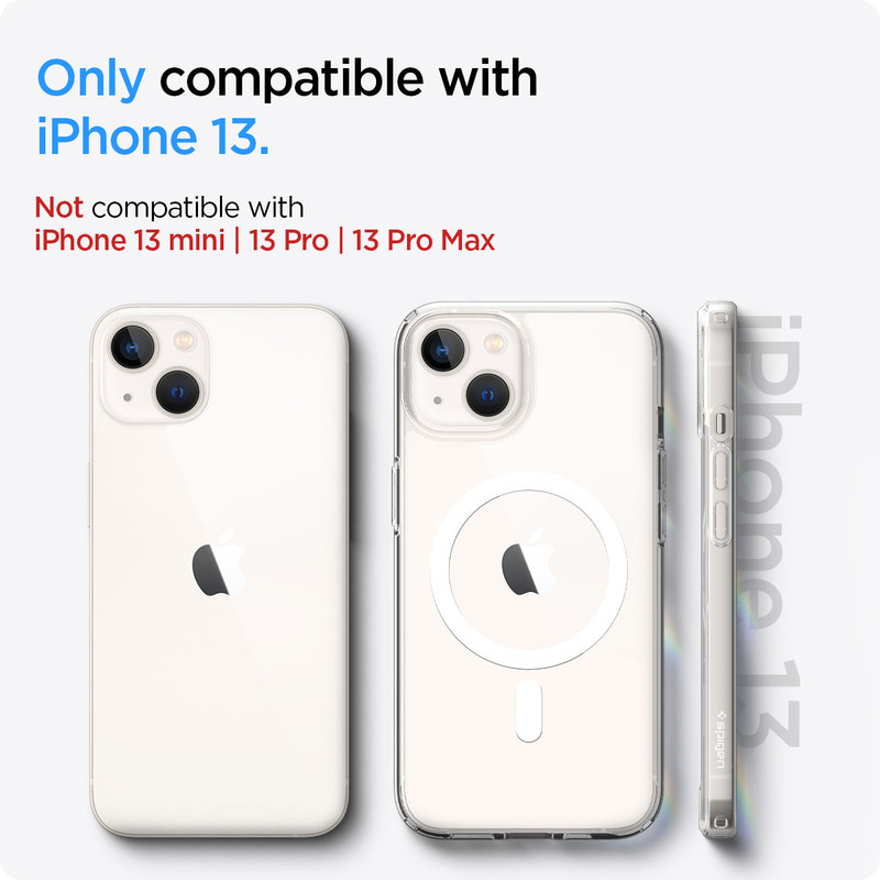 Forro Spigen Ultra Hybrid Mag en un iPhone 13, mostrando su transparencia y protección.