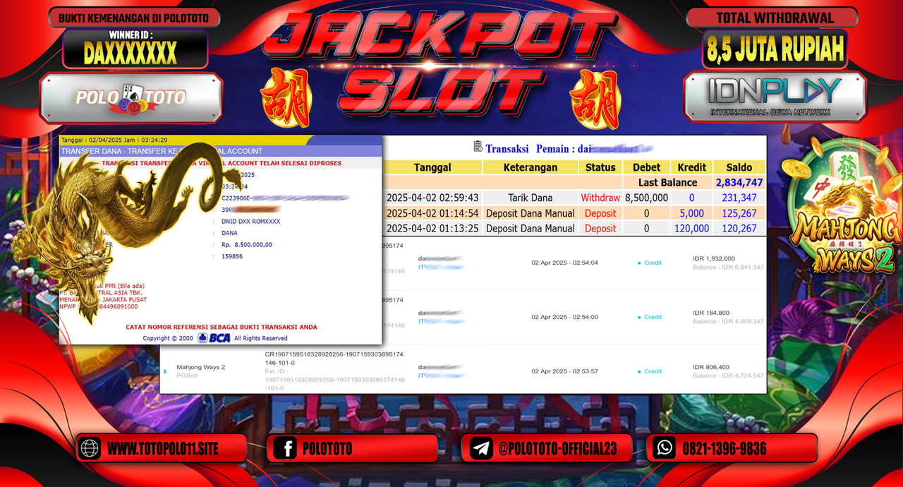 POLOTOTO JACKPOT SLOT MAHJONG WAYS 2 Rp.8.500.000,- LUNAS