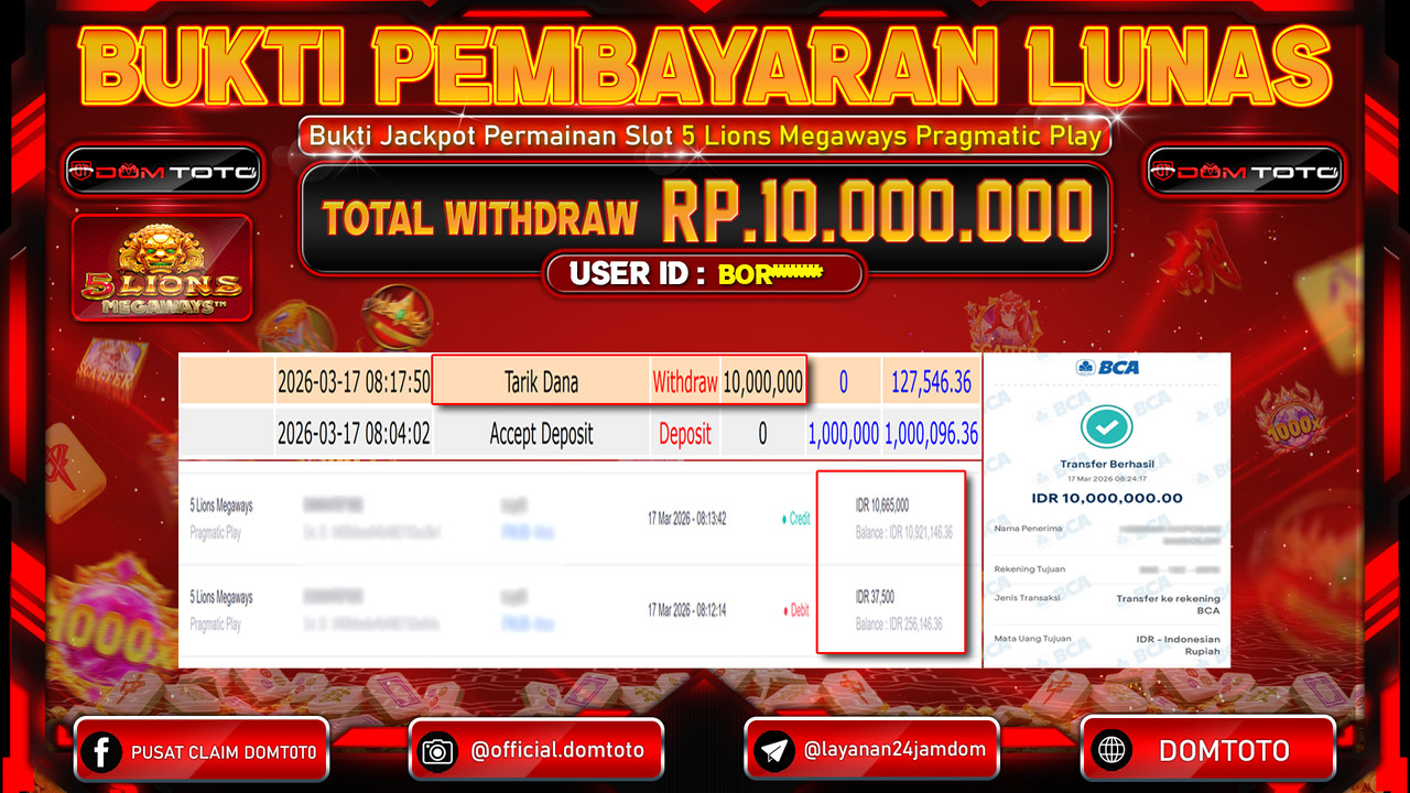 JACKPOT SLOT 5 Lions Megaways Pragmatic Play 17 MARET 2026