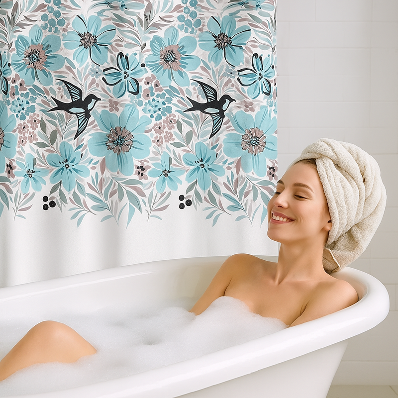 perdea dus 180x180 poliester, perdea dus flori si randunele, perdea dus alba decorativa, perdea dus cu inele, perdea dus usor de curatat, perdea dus moderna pentru baie, perdea dus antistropi, perdea dus cu model floral, perdea dus rezistenta, perdea dus poliester HASEPE