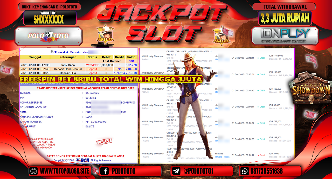 POLOTOTO JACKPOT SLOT WILD BOUNTHY SHOWDOWN Rp.3.300.000,- LUNAS