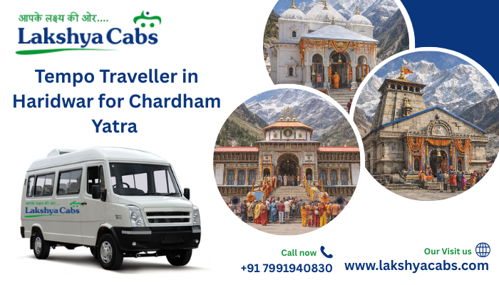 A spacious Tempo Traveller prepared for a multi-day Char Dham pilgrimage journey starting from Haridwar, offering safe and comfortable group travel through the Himalayas.