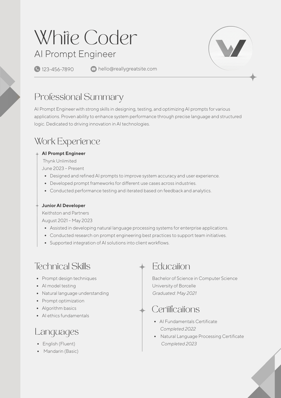 White Grey Modern Minimalist AI Prompt Engineer Resume CV Template