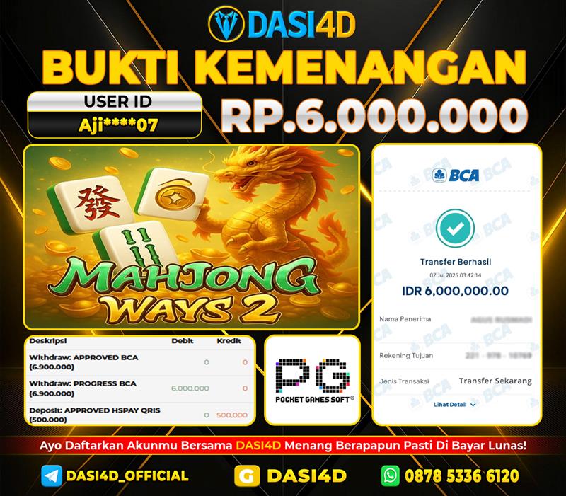 BUKTI KEMENANGAN 07 JULI 2025 DI MAHJONG WAYS RP 6.000.000