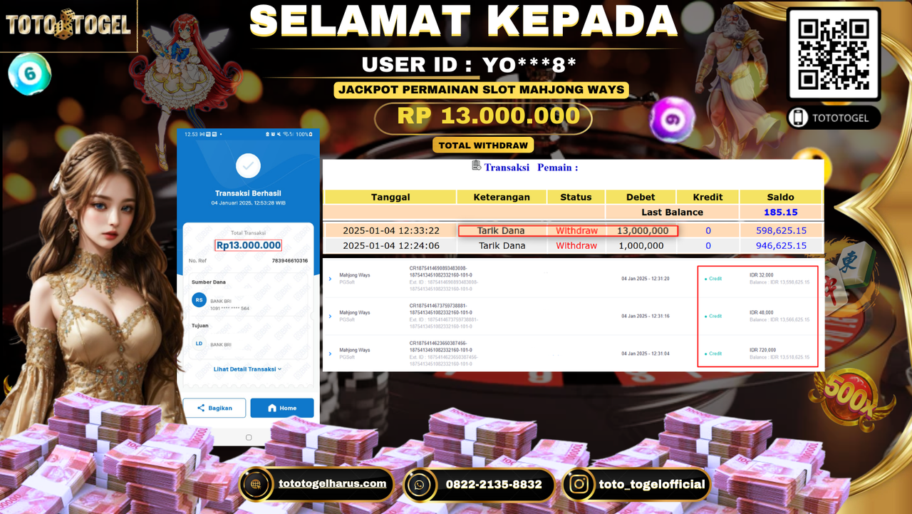 Bukti Pembayaran Jackpot  Permainan Slot Mahjong Ways : YO***8* LUNAS