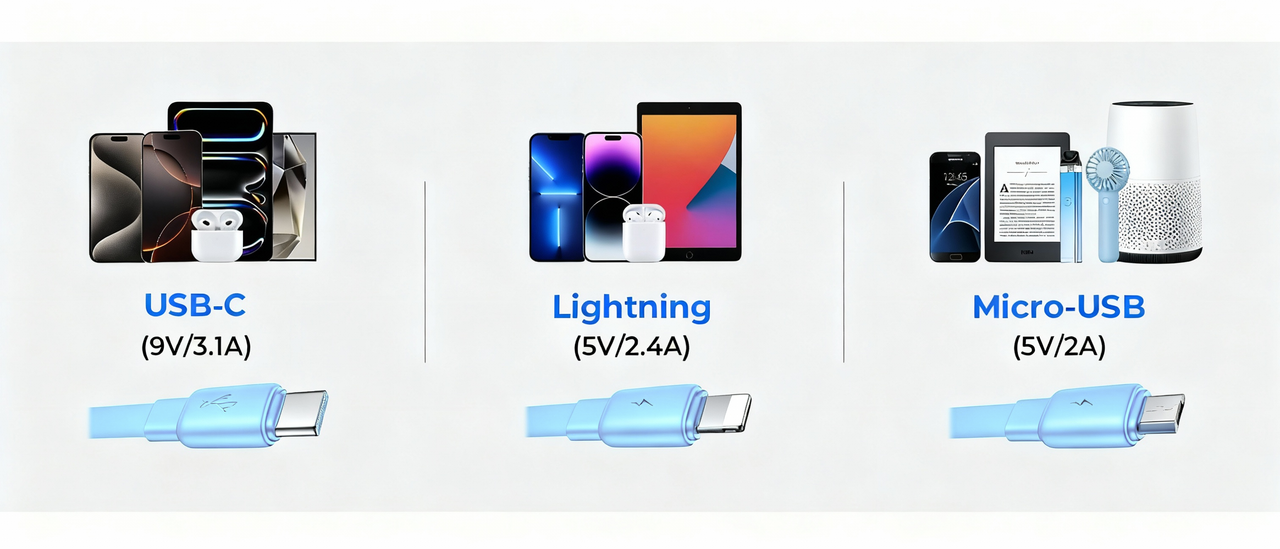 jimeng 2025 11 29 8664 将图1中的三个数据线头 USB C Lightning Micro USB 的颜