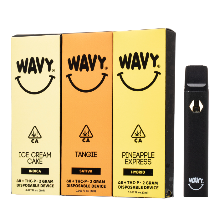 Wavvy Extracts 2 Gram disposable vape with dual-chamber live resin and liquid diamonds, featuring strain-driven flavors like Peach Dream, Pink Runtz, Cherry Soda, Banana OG, Purp Drank, Razz Berry, Watermelon Nerds, and Baja Blast.