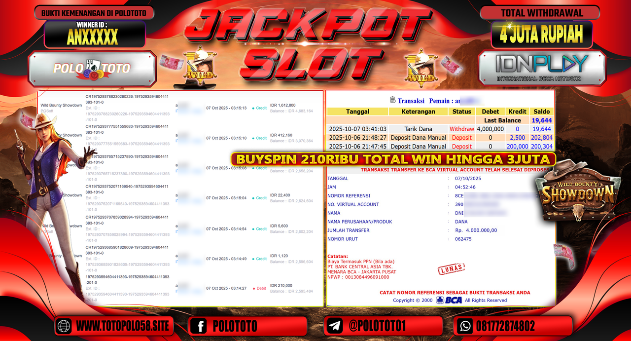 POLOTOTO JACKPOT SLOT WILD BANDITO Rp.4.000.000,- LUNAS