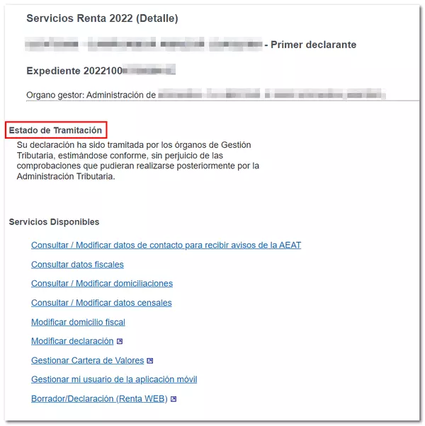 Consulta del estado de la declaración de la Renta presentada 