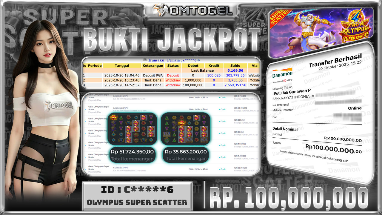 OMTOGEL JACKPOT PRAGMATIC PLAY GATES OF OLYMPUS SUPER SCATTER 100 JUTA DI BAYAR LUNAS ,-