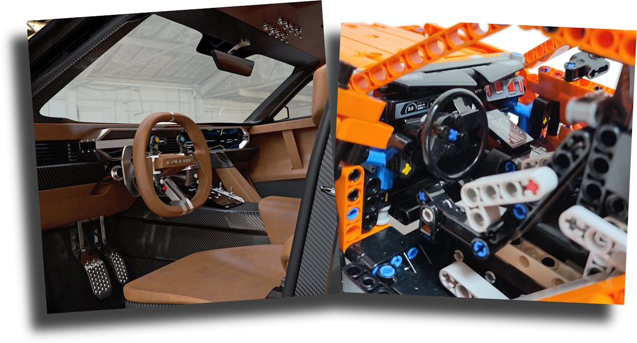 Interior comparison between the real Zarooq Sandracer car and the Lego Technic MOC replica