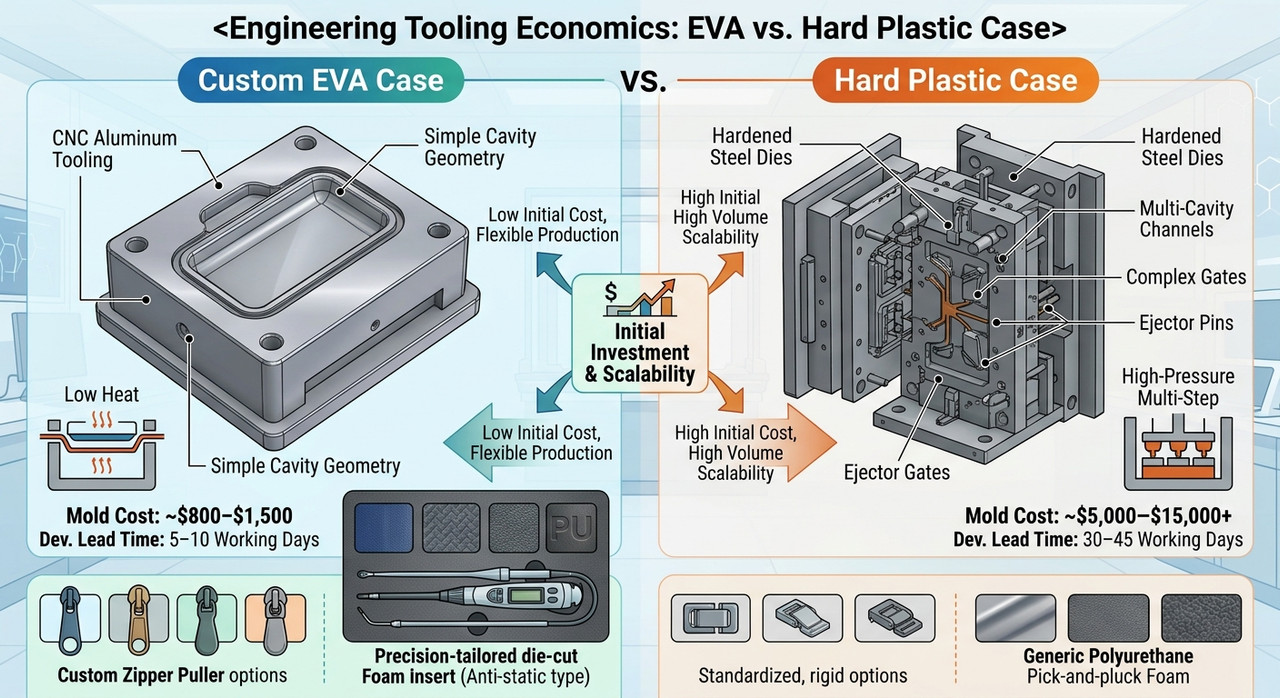 Side-by-side comparison of a custom EVA medical case with die-cut foam insert vs an injection-molded hard plastic case on a laboratory table.