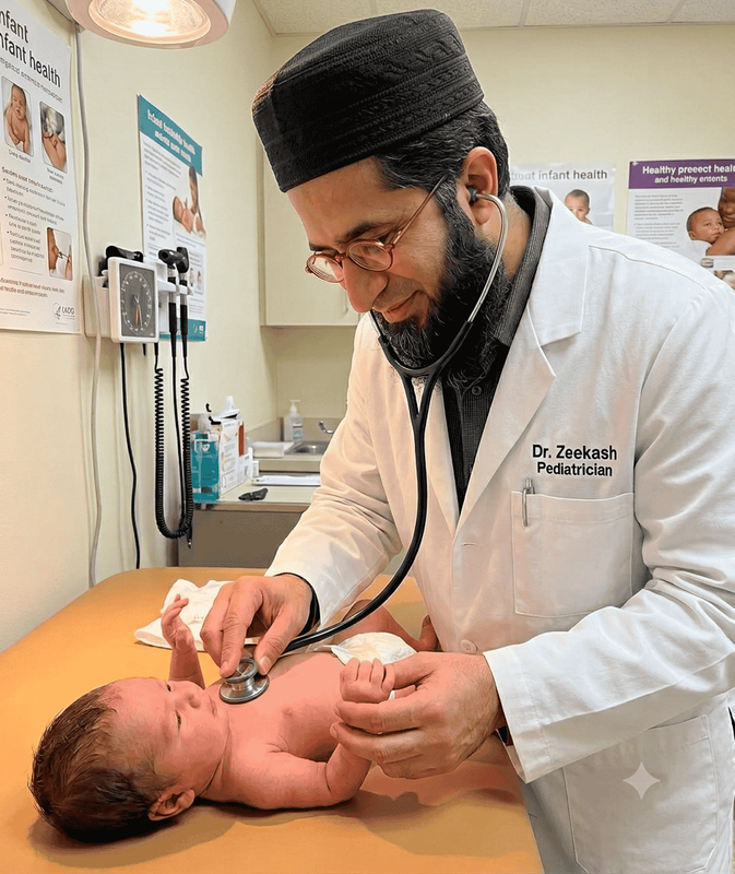 Dr. Zeekash examining a newborn