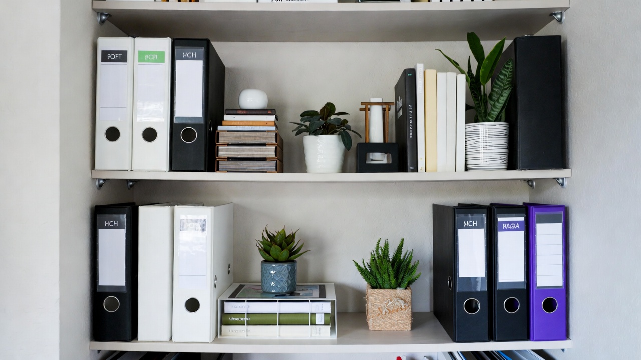 A neatly organized home office shelf, highlighting the results of professional organizing.