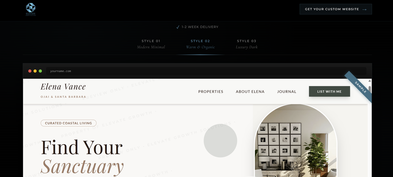Real estate website template preview panel showing multiple design options for realtors