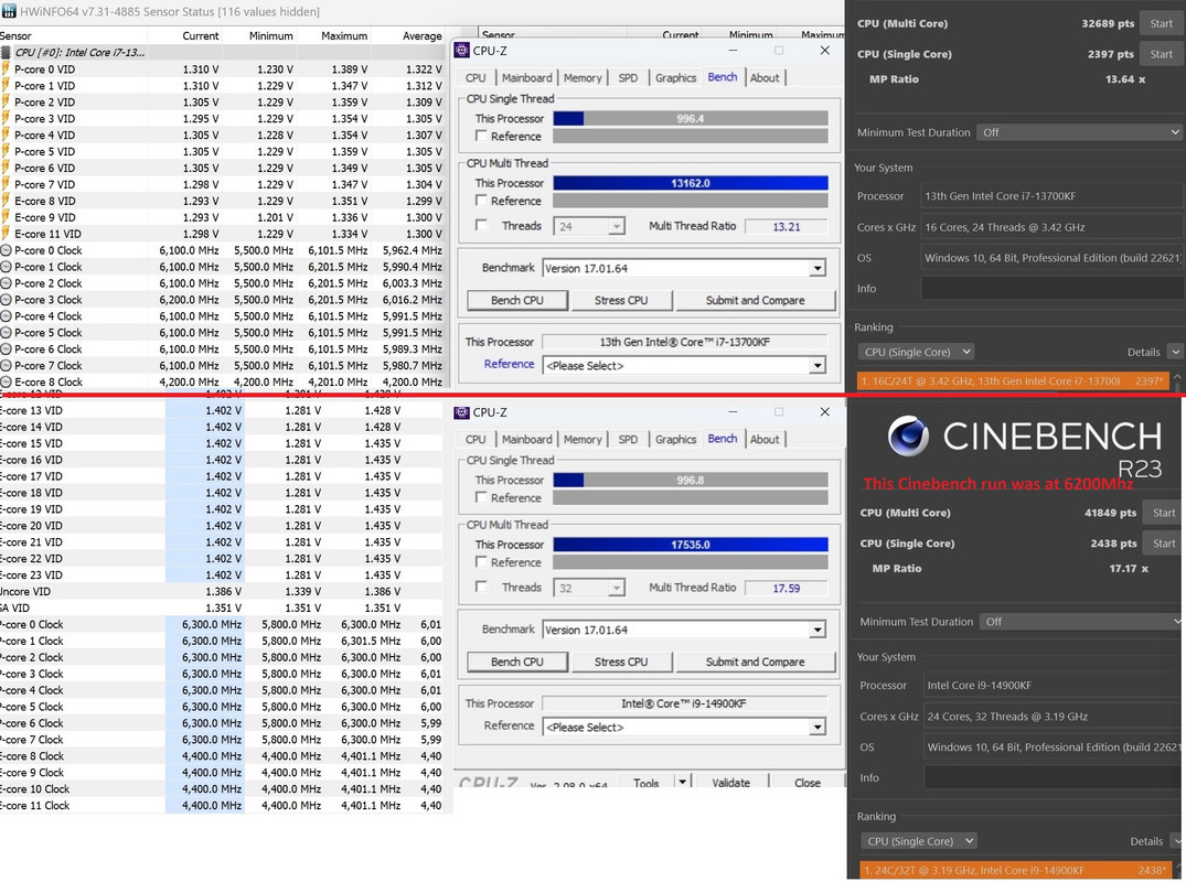 13700KF 6200Mhz and 14900KF 6300Mhz on CPU-z/Cinebench 13700KF 6200Mhz and 14900KF 6300Mhz on CPU-z/Cinebench