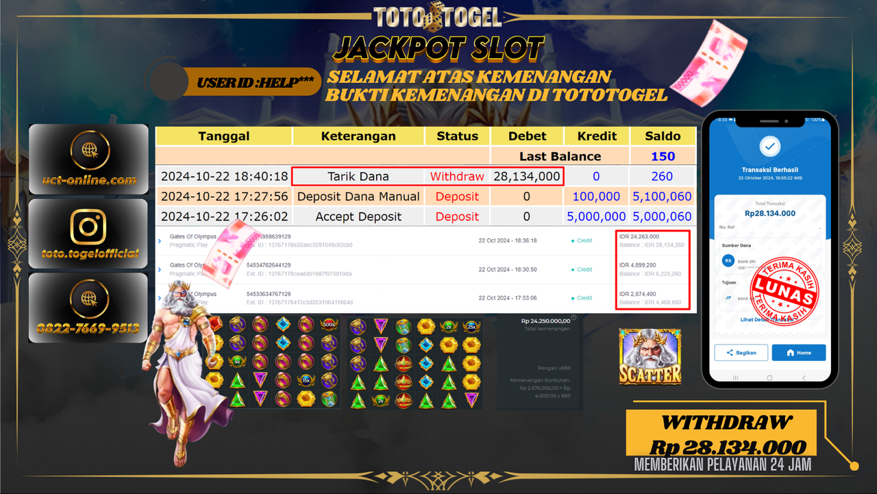 Bukti Pembayaran Permainan Jackpot Slot Gates Of Olympus Dengan ID : HELP*** LUNAS
