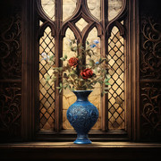 Blue vase filled with flowers, sitting in front of window
