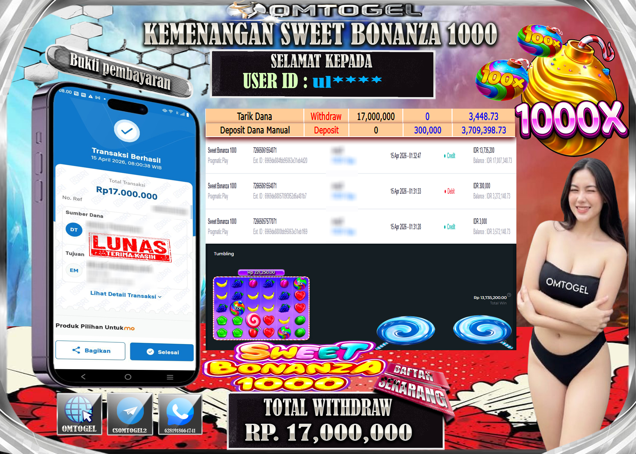 OMTOGEL JACKPOT PRAGMATIC PLAY SWEET BONANZA 1000 ,17 JUTA DI BAYAR LUNAS ,-
